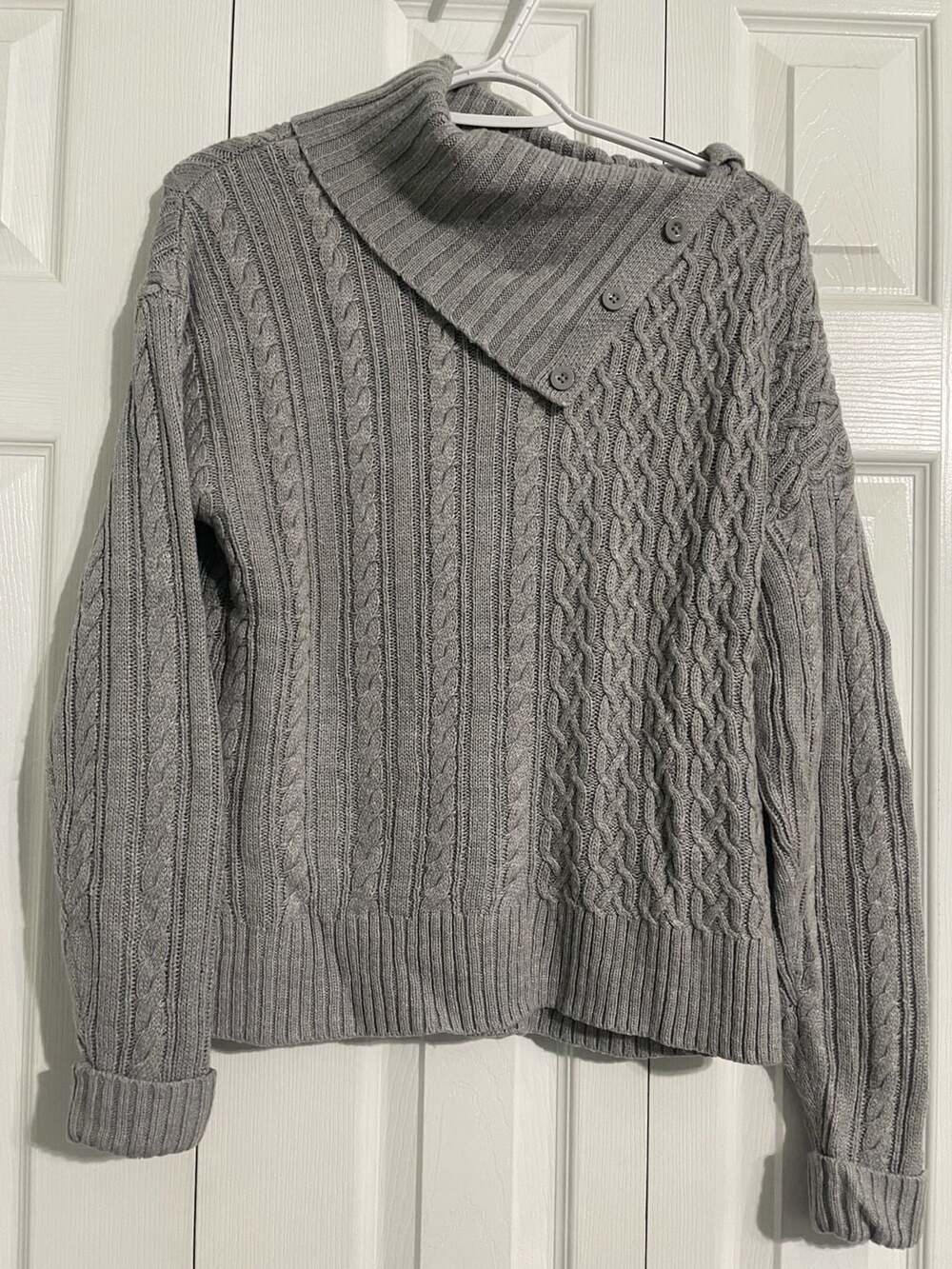Gray Cable Knit Asymmetric Button Collar Sweater